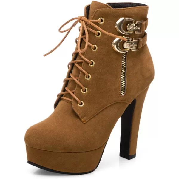 Mostrin Womens Lace up Martin Boots Round Toe Platform Chunky High Heel Double Buckle Side Zipper Suede Ankle BootsBrown