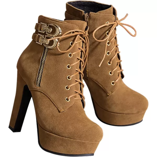 Mostrin Womens Lace up Martin Boots Round Toe Platform Chunky High Heel Double Buckle Side Zipper Suede Ankle BootsBrown