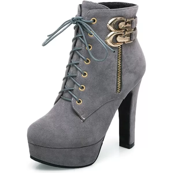 Mostrin Womens Lace up Martin Boots Round Toe Platform Chunky High Heel Double Buckle Side Zipper Suede Ankle BootsGrey