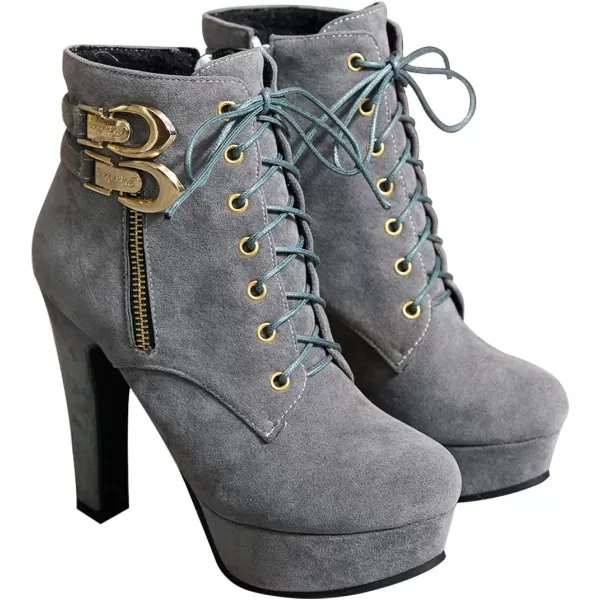 Mostrin Womens Lace up Martin Boots Round Toe Platform Chunky High Heel Double Buckle Side Zipper Suede Ankle BootsGrey