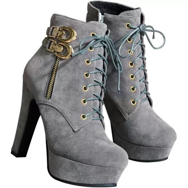 Mostrin Womens Lace up Martin Boots Round Toe Platform Chunky High Heel Double Buckle Side Zipper Suede Ankle BootsGrey
