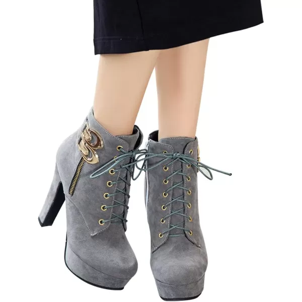 Mostrin Womens Lace up Martin Boots Round Toe Platform Chunky High Heel Double Buckle Side Zipper Suede Ankle BootsGrey