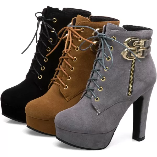 Mostrin Womens Lace up Martin Boots Round Toe Platform Chunky High Heel Double Buckle Side Zipper Suede Ankle BootsGrey