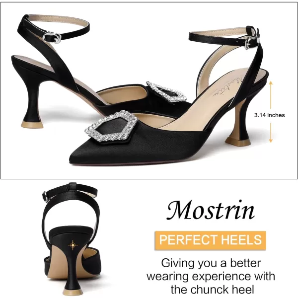 Mostrin Womens Rhinestone Ankle Strap Pumps Satin Pointed Toe Stilettos Backless Kitten Heels Wedding Dress Heeled SandalsBlacksatin