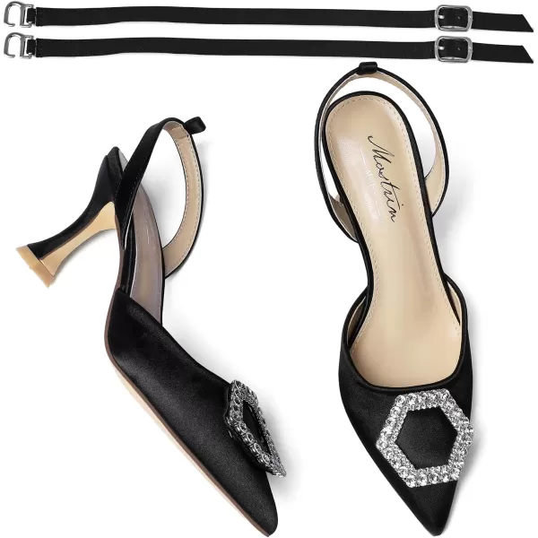 Mostrin Womens Rhinestone Ankle Strap Pumps Satin Pointed Toe Stilettos Backless Kitten Heels Wedding Dress Heeled SandalsBlacksatin