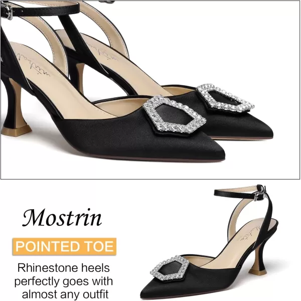 Mostrin Womens Rhinestone Ankle Strap Pumps Satin Pointed Toe Stilettos Backless Kitten Heels Wedding Dress Heeled SandalsBlacksatin