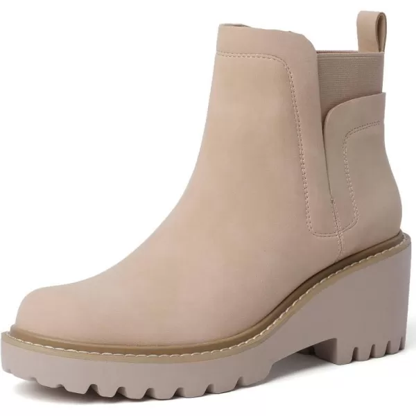 Mostrin Chelsea Boots for Women Platform Ankle Boots Chunky Lug Sole Boots Slip on Elastic Fall Boots Wedges Block BootiesBeige