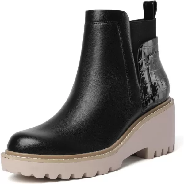 Mostrin Chelsea Boots for Women Platform Ankle Boots Chunky Lug Sole Boots Slip on Elastic Fall Boots Wedges Block BootiesBlack