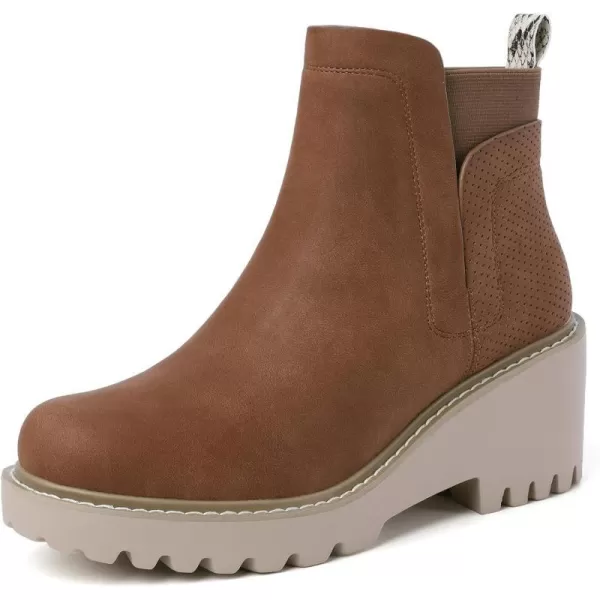 Mostrin Chelsea Boots for Women Platform Ankle Boots Chunky Lug Sole Boots Slip on Elastic Fall Boots Wedges Block BootiesBrown