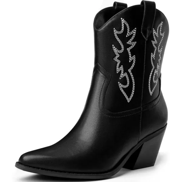 Mostrin Cowgirl Boots for Women Embroidered Cowboy Boots Pointed Toe Ankle Boots Chunky Western Boots Pullon Mid Calf BootiesBlack