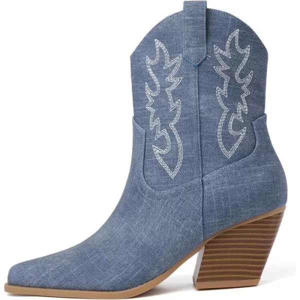 Mostrin Cowgirl Boots for Women Embroidered Cowboy Boots Pointed Toe Ankle Boots Chunky Western Boots Pullon Mid Calf BootiesDenim Blue