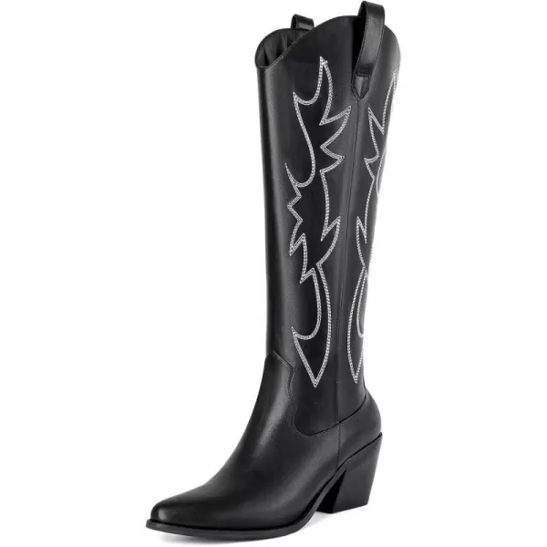 Mostrin Cowgirl Boots for Women Embroidered Cowboy Boots Pointed Toe Knee High Boots Chunky Block Heel Pull On Tall Western Boot for LadiesBlack002