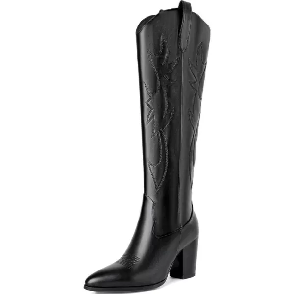 Mostrin Cowgirl Boots for Women Embroidered Cowboy Boots Pointed Toe Knee High Boots Chunky Block Heel Pull On Tall Western Boot for LadiesBlack01