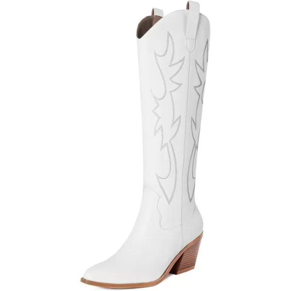 Mostrin Cowgirl Boots for Women Embroidered Cowboy Boots Pointed Toe Knee High Boots Chunky Block Heel Pull On Tall Western Boot for LadiesWhite002