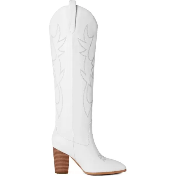 Mostrin Cowgirl Boots for Women Embroidered Cowboy Boots Pointed Toe Knee High Boots Chunky Block Heel Pull On Tall Western Boot for LadiesWhite01