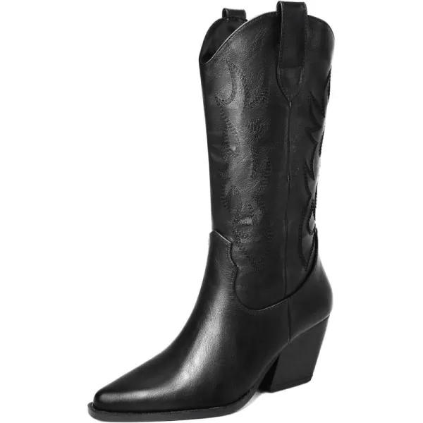Mostrin Cowgirl Cowboy Boots Square Toe MidCalf Boot Chunky Block Heeled Pull On Western BootBlack