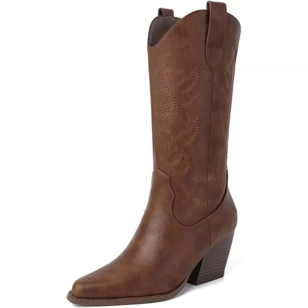 Mostrin Cowgirl Cowboy Boots Square Toe MidCalf Boot Chunky Block Heeled Pull On Western BootBrown