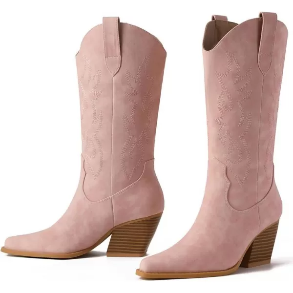 Mostrin Cowgirl Cowboy Boots Square Toe MidCalf Boot Chunky Block Heeled Pull On Western BootPink Pu
