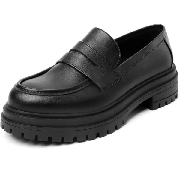 Mostrin Loafers for Women Lug Sole Platform Mid Chunky Loafers Classic Round Toe Slip On Loafers Comfortable Penny Casual ShoesBlack