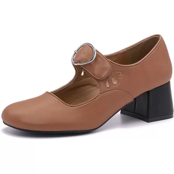 Mostrin Mary Jane Shoes Women Leather Chunky Mid Heel Casual Vintage Dance Dress ShoesBrown
