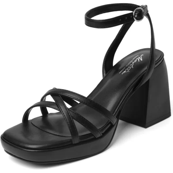 Mostrin Platform Heels for Women Strappy Lace Up Heels Sexy Chunky Block Heeled Sandals Ankle Strap Square Open Toe Heels for Wedding Prom Party Y2K Dress ShoesBlack