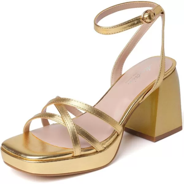 Mostrin Platform Heels for Women Strappy Lace Up Heels Sexy Chunky Block Heeled Sandals Ankle Strap Square Open Toe Heels for Wedding Prom Party Y2K Dress ShoesGold