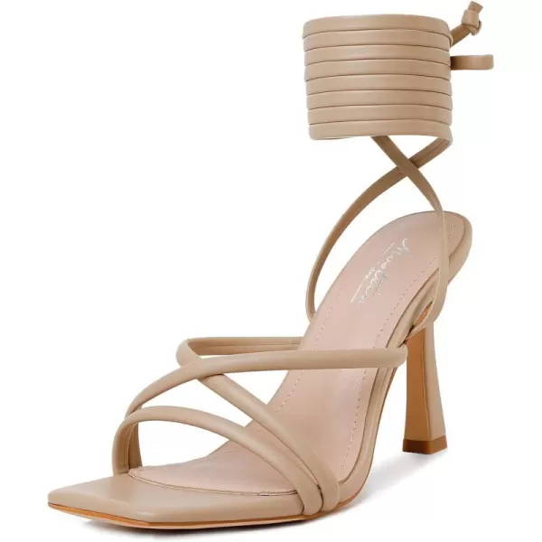 Mostrin White Strappy Heels for Women Lace Up Heels Tie Up Stiletto High Heeled Sandals Square Open Toe Heels for Prom PartyNude