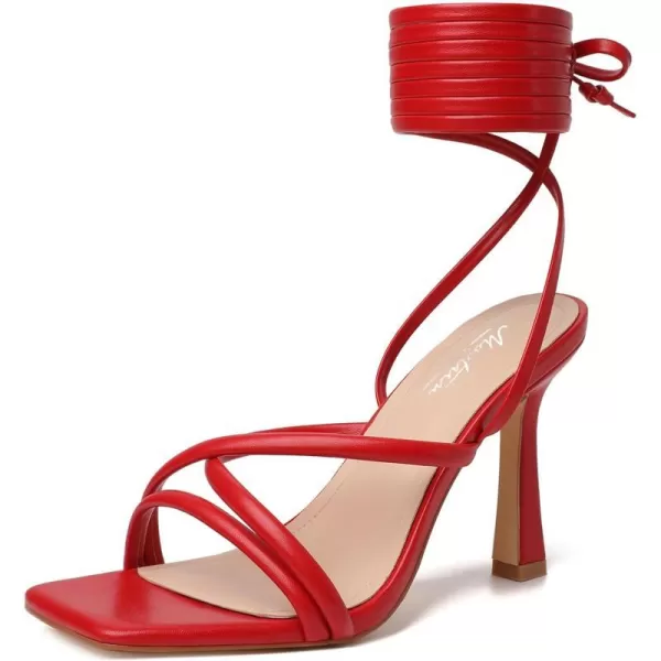 Mostrin White Strappy Heels for Women Lace Up Heels Tie Up Stiletto High Heeled Sandals Square Open Toe Heels for Prom PartyRed