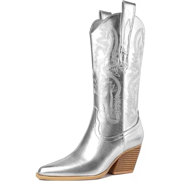 Mostrin Women Cowgirl Boots Pointed Toe Cowboy MidCalf Boot Chunky Block Heeled Pull On Western BootSilver