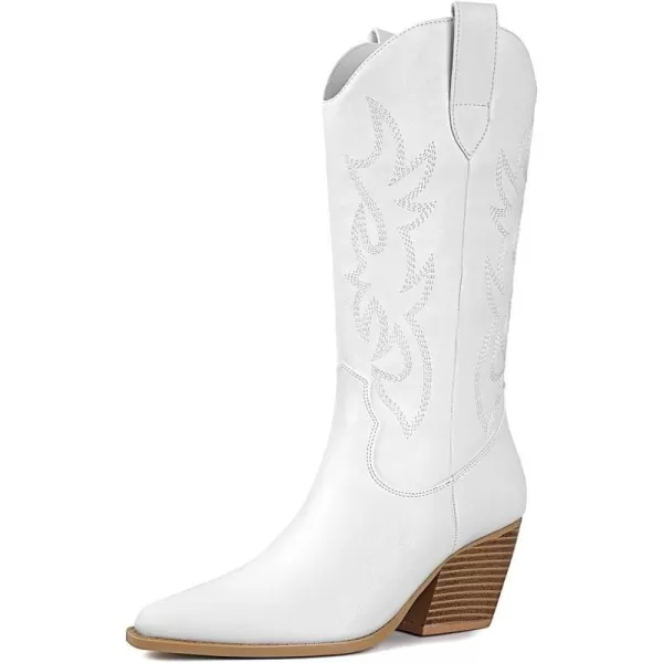 Mostrin Women Cowgirl Boots Pointed Toe Cowboy MidCalf Boot Chunky Block Heeled Pull On Western BootWhite