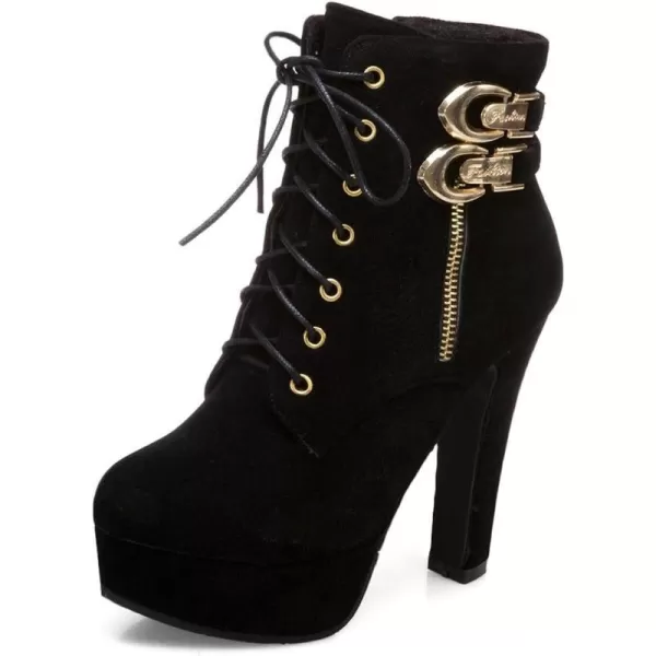 Mostrin Womens Lace up Martin Boots Round Toe Platform Chunky High Heel Double Buckle Side Zipper Suede Ankle BootsBlack