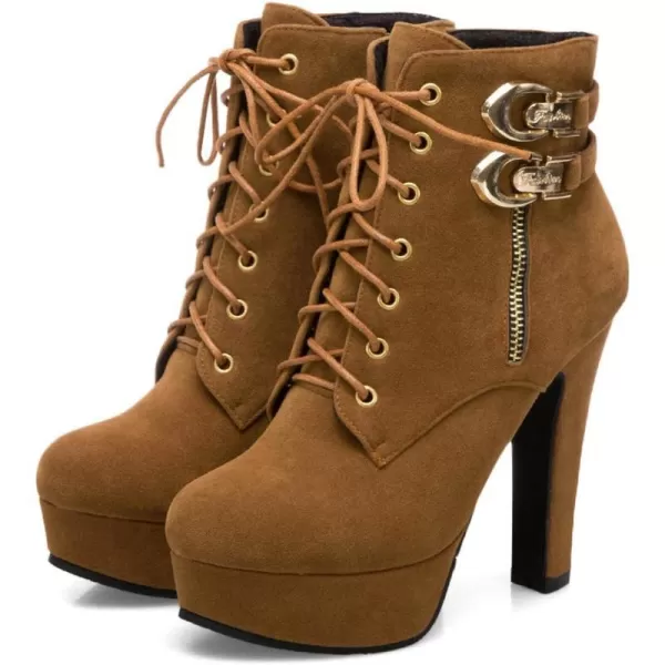 Mostrin Womens Lace up Martin Boots Round Toe Platform Chunky High Heel Double Buckle Side Zipper Suede Ankle BootsBrown