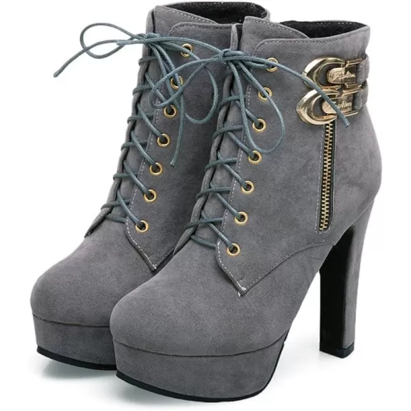 Mostrin Womens Lace up Martin Boots Round Toe Platform Chunky High Heel Double Buckle Side Zipper Suede Ankle BootsGrey
