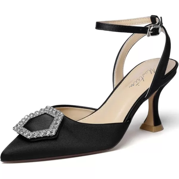 Mostrin Womens Rhinestone Ankle Strap Pumps Satin Pointed Toe Stilettos Backless Kitten Heels Wedding Dress Heeled SandalsBlacksatin