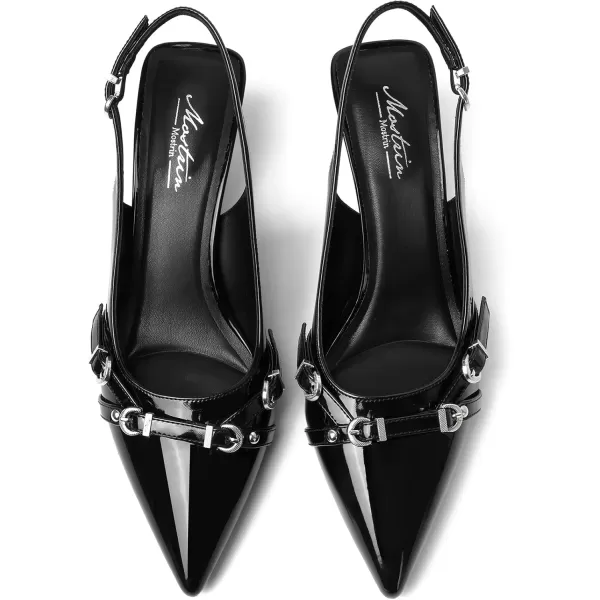 Mostrin Kitten Heels for Women Pointed Toe Pumps Patent Leather Low Heel Slingback Heels with Buckle Dress Shoes for Dating Party WorkingBlack