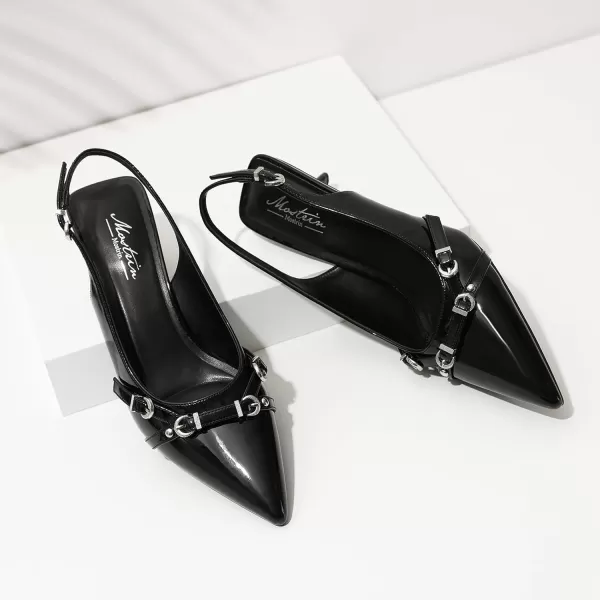 Mostrin Kitten Heels for Women Pointed Toe Pumps Patent Leather Low Heel Slingback Heels with Buckle Dress Shoes for Dating Party WorkingBlack