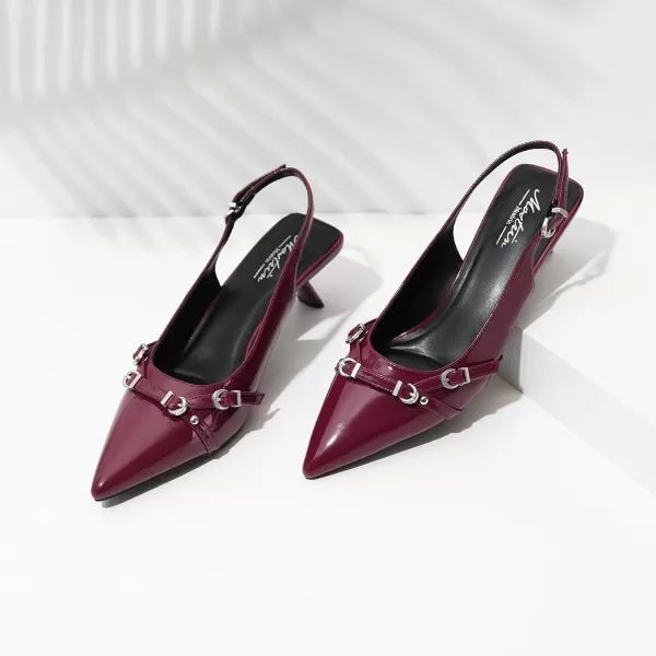 Mostrin Kitten Heels for Women Pointed Toe Pumps Patent Leather Low Heel Slingback Heels with Buckle Dress Shoes for Dating Party WorkingRed