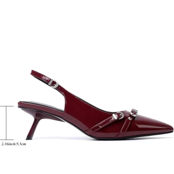 Mostrin Kitten Heels for Women Pointed Toe Pumps Patent Leather Low Heel Slingback Heels with Buckle Dress Shoes for Dating Party WorkingRed
