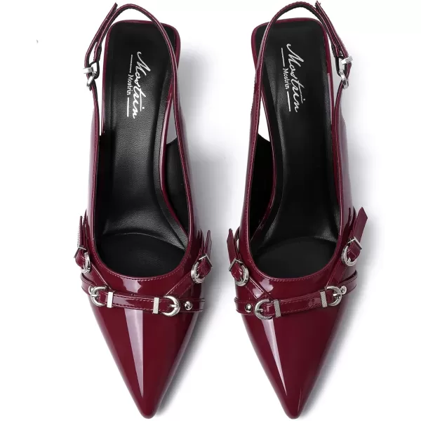 Mostrin Kitten Heels for Women Pointed Toe Pumps Patent Leather Low Heel Slingback Heels with Buckle Dress Shoes for Dating Party WorkingRed