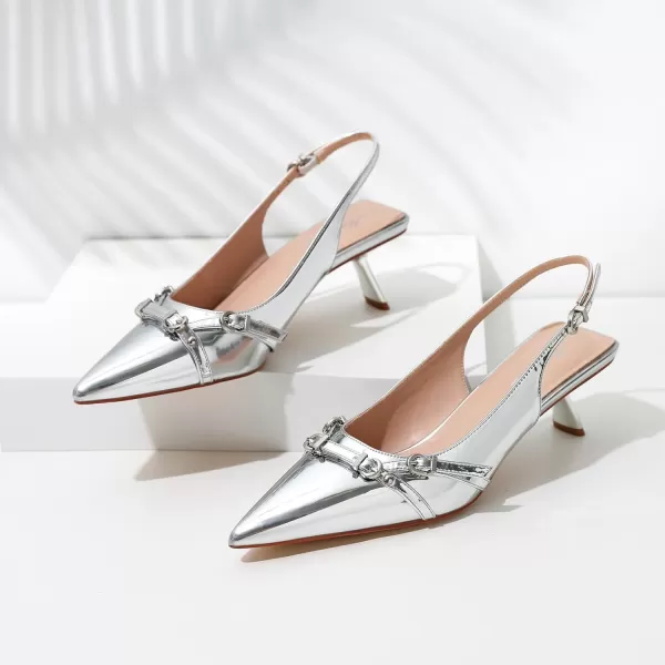 Mostrin Kitten Heels for Women Pointed Toe Pumps Patent Leather Low Heel Slingback Heels with Buckle Dress Shoes for Dating Party WorkingSilver