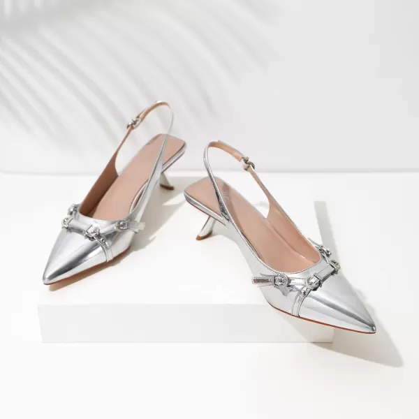 Mostrin Kitten Heels for Women Pointed Toe Pumps Patent Leather Low Heel Slingback Heels with Buckle Dress Shoes for Dating Party WorkingSilver