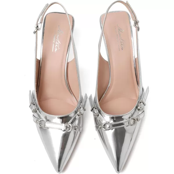 Mostrin Kitten Heels for Women Pointed Toe Pumps Patent Leather Low Heel Slingback Heels with Buckle Dress Shoes for Dating Party WorkingSilver