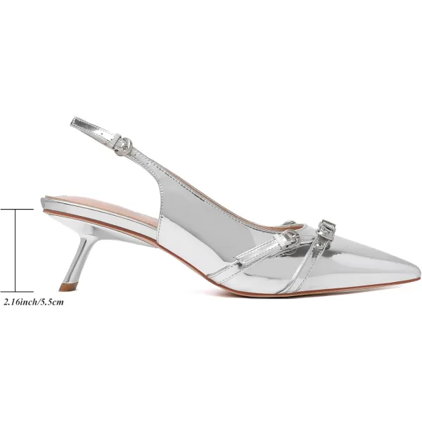 Mostrin Kitten Heels for Women Pointed Toe Pumps Patent Leather Low Heel Slingback Heels with Buckle Dress Shoes for Dating Party WorkingSilver