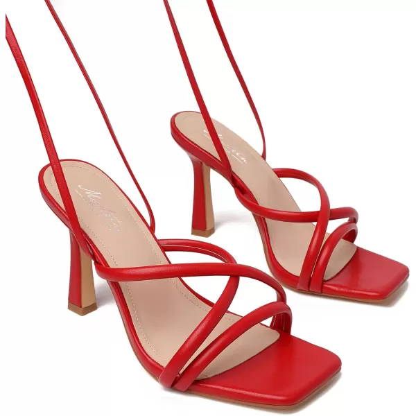 Mostrin Womens Sandals Strappy Heels for Women Lace Up Heels Square Open Toe Heels Tie Up High Heeled Sandals for Prom Party Daily WearRed