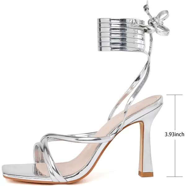 Mostrin Womens Sandals Strappy Heels for Women Lace Up Heels Square Open Toe Heels Tie Up High Heeled Sandals for Prom Party Daily WearSilver