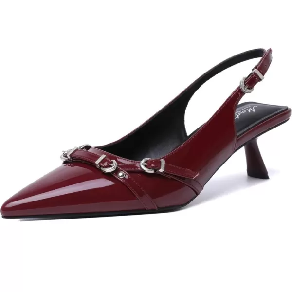 Mostrin Kitten Heels for Women Pointed Toe Pumps Patent Leather Low Heel Slingback Heels with Buckle Dress Shoes for Dating Party WorkingRed