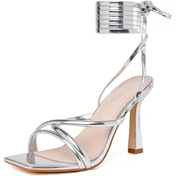 Mostrin Womens Sandals Strappy Heels for Women Lace Up Heels Square Open Toe Heels Tie Up High Heeled Sandals for Prom Party Daily WearSilver