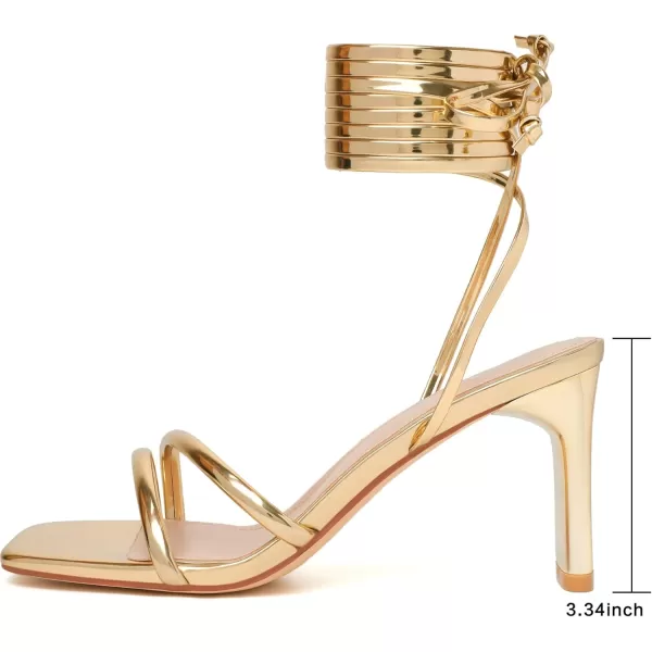 Mostrin Strappy Heels for Women Lace Up Heels Square Open Toe Heels Tie Up High Heeled Sandals for Prom Party Daily WearGold02
