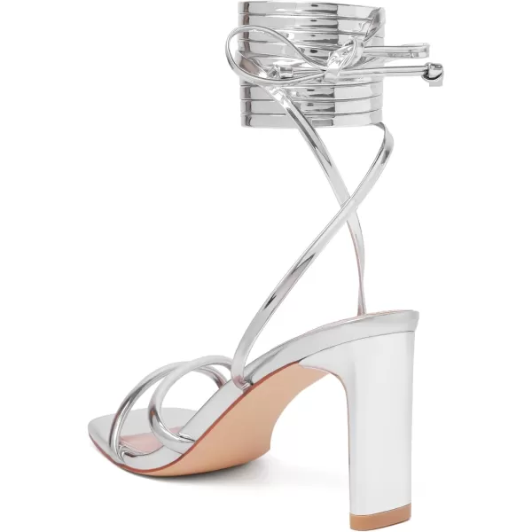 Mostrin Strappy Heels for Women Lace Up Heels Square Open Toe Heels Tie Up High Heeled Sandals for Prom Party Daily WearSilver02
