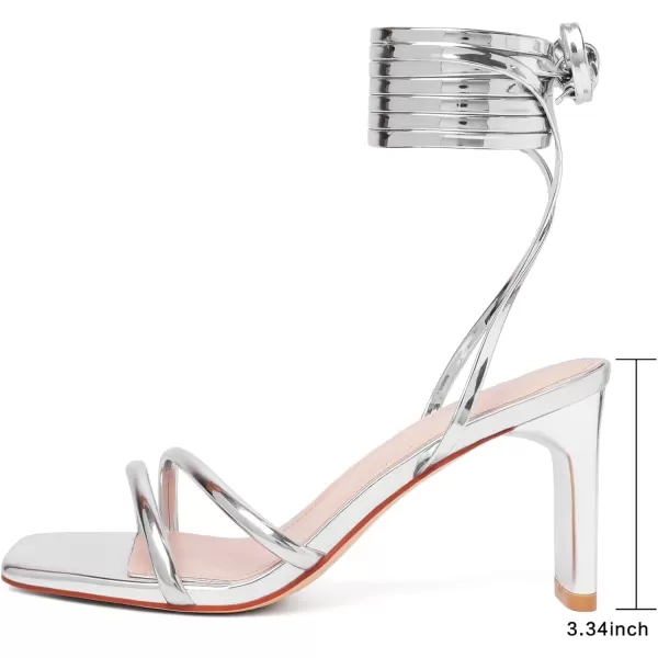 Mostrin Strappy Heels for Women Lace Up Heels Square Open Toe Heels Tie Up High Heeled Sandals for Prom Party Daily WearSilver02